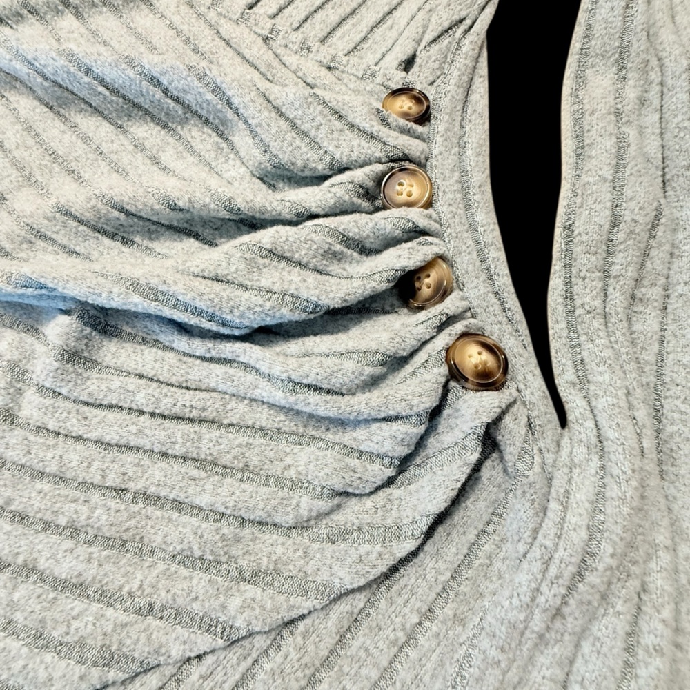 Pale Blue Ribbed Wrap Top with Button Runching - Picture 6 of 13